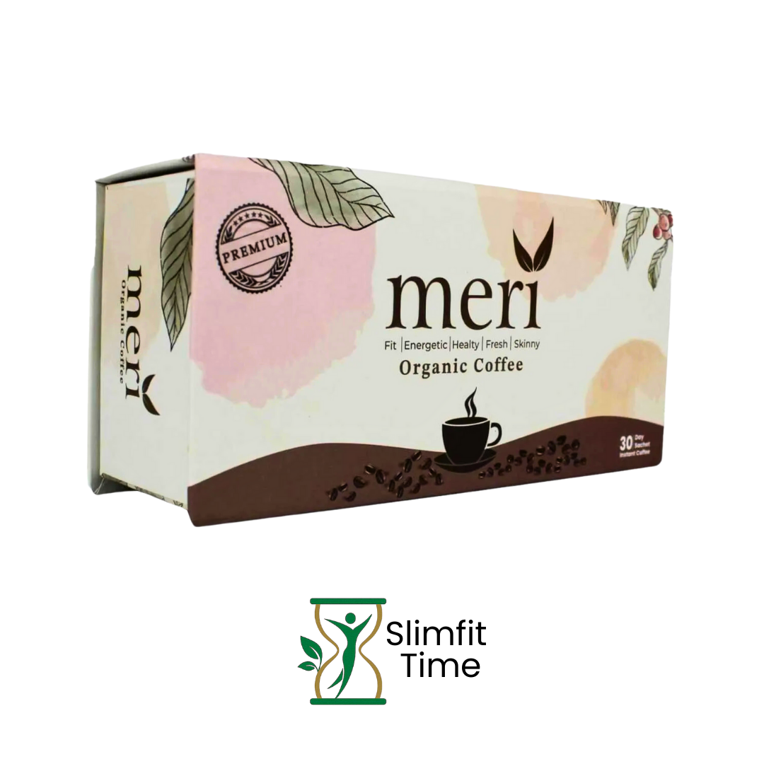 Fresh Meri Coffee beans spilling beside a ceramic coffee cup